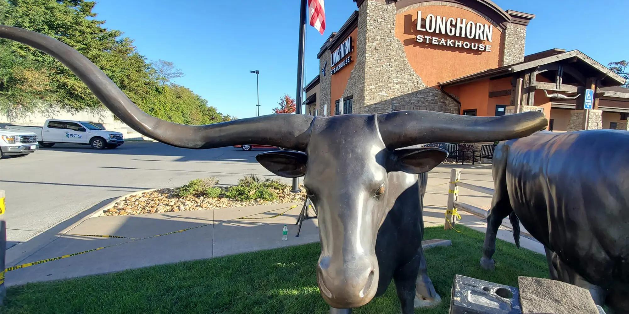 This image shows a metal fabricated long-horn cow. More than one of these sculptures were made from metal by Branson Welding and Fabrication.